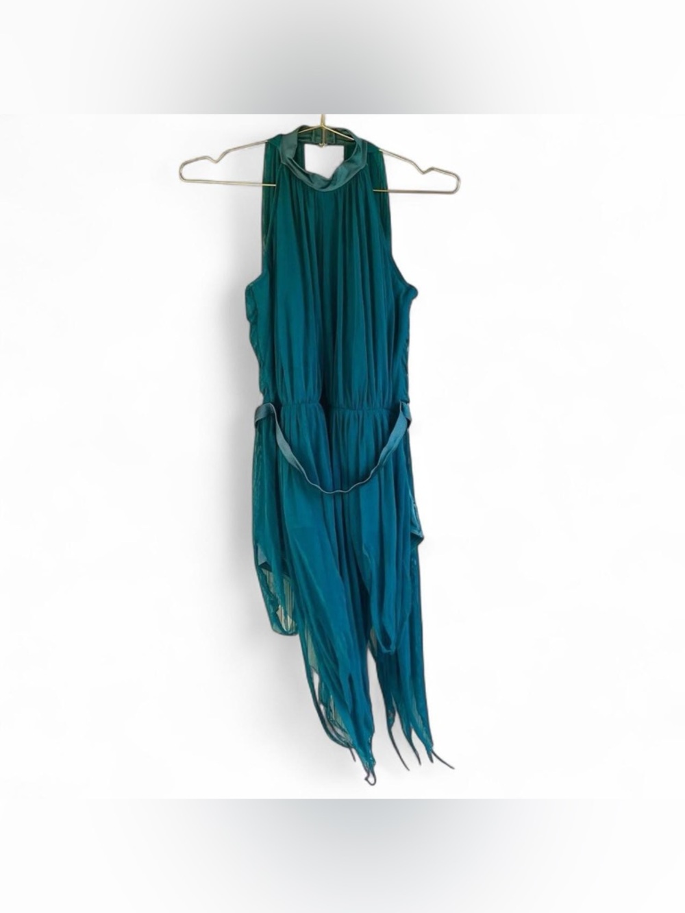 Y2K Teal Sheer Mesh Halter Dress Bodysuit – Fairy Grunge Asymmetrical Fringe (S)